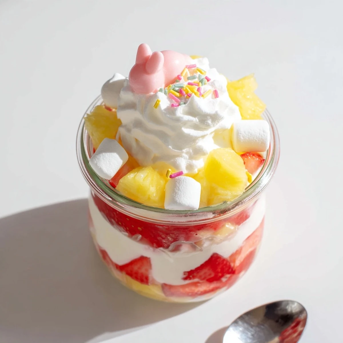 Serve a festive Jello Pie Easter Bunny Parfait In A Jar at spring gatherings with marshmallow bunny candies on top.