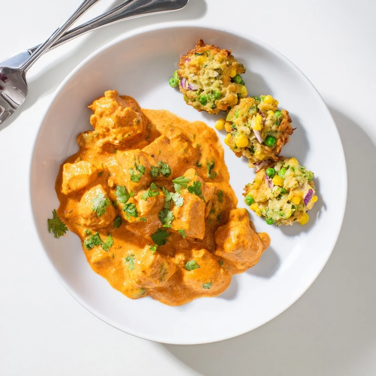 A close-up of golden-brown, crispy vegetable fritters arranged next to a creamy bowl of Butter Chicken and Vegetable Fritters.