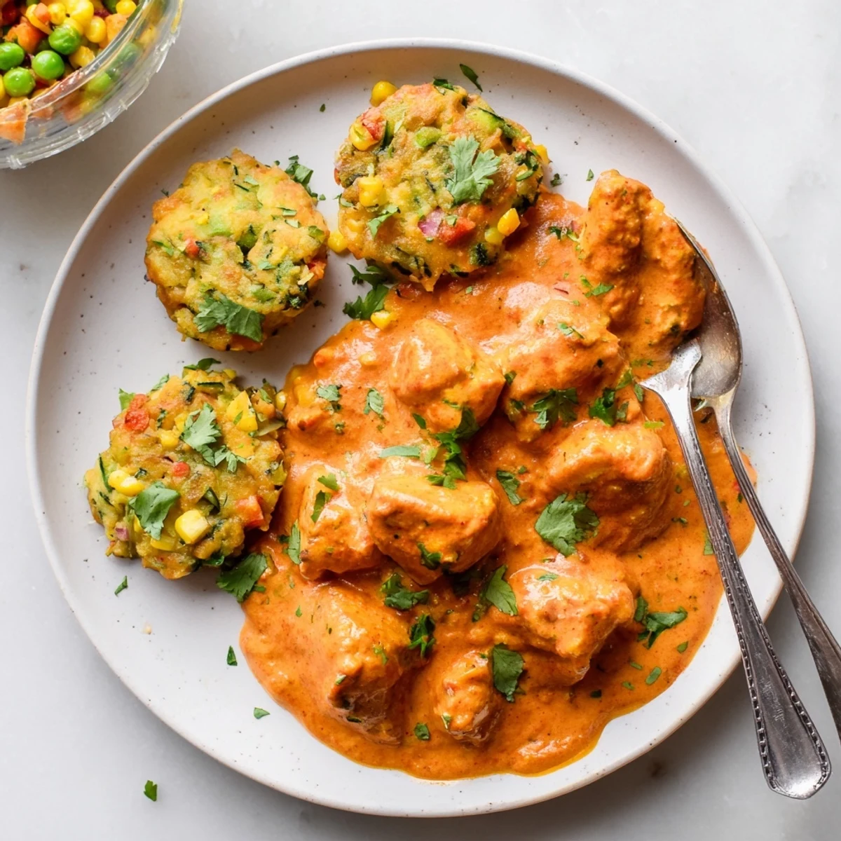 Plated Butter Chicken and Vegetable Fritters garnished with fresh cilantro, served with naan and a side of steamed rice.