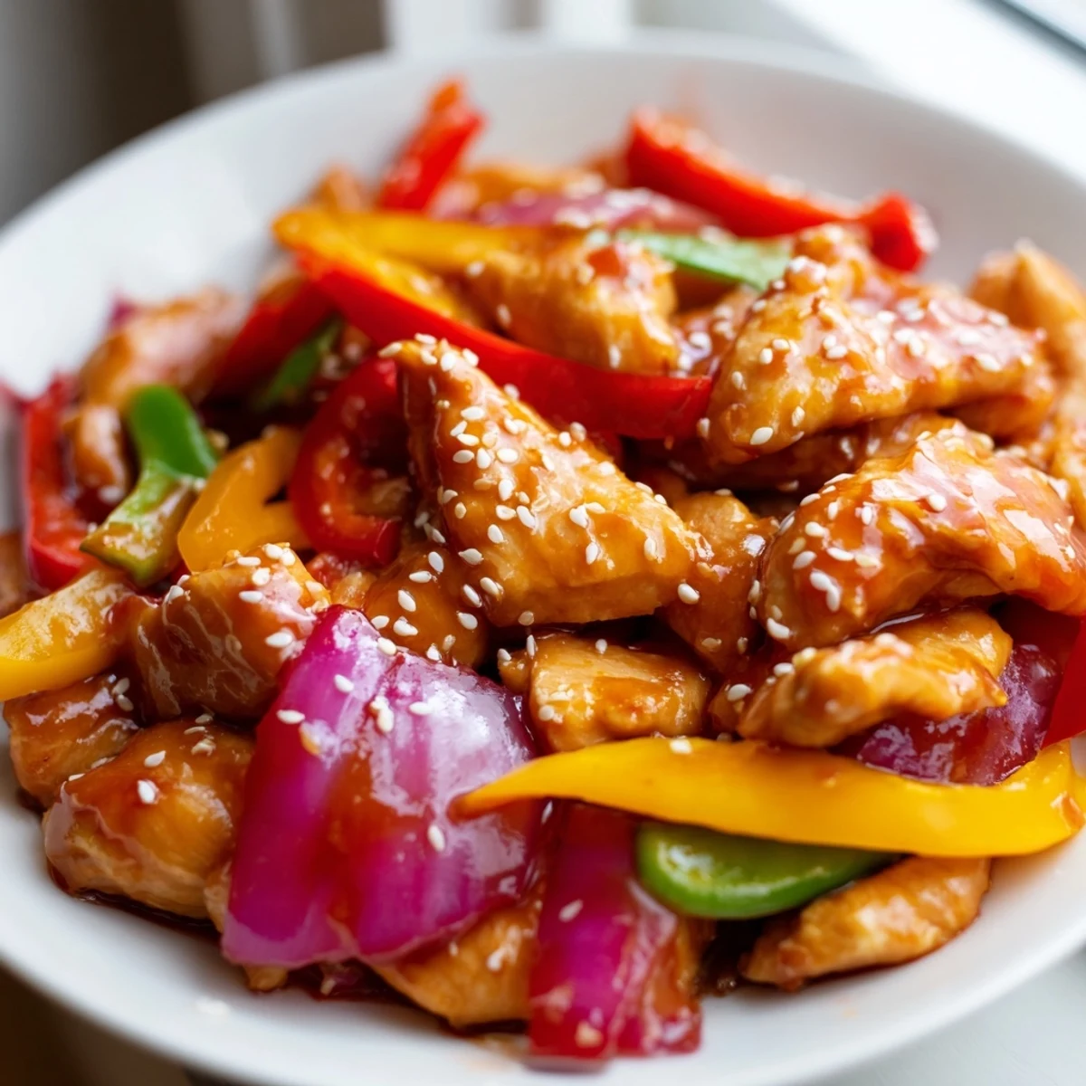 A close-up of Quick Sweet Chilli Chicken Stir Fry garnished with sesame seeds and green onions.