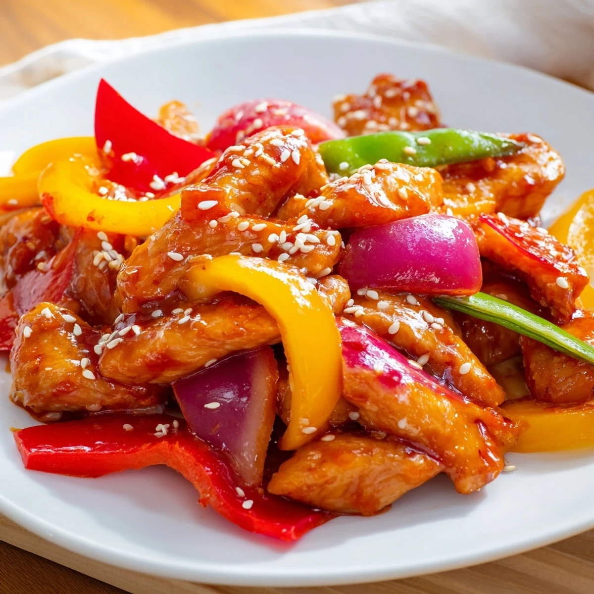 Colorful Quick Sweet Chilli Chicken Stir Fry with crisp peppers and snap peas served over rice.