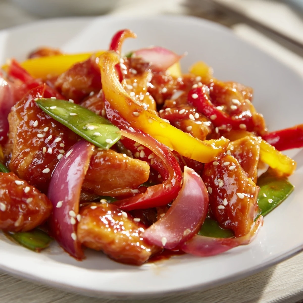 Sizzling pan of Quick Sweet Chilli Chicken Stir Fry, featuring tender chicken and a glossy sweet chili sauce.