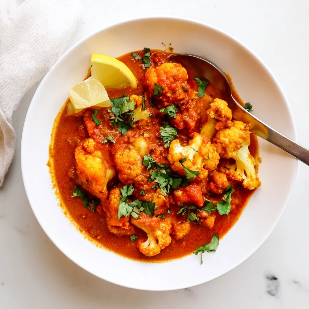 Fragrant Indian Butter Spiced Potatoes and Cauliflower simmer in a creamy tomato sauce, served over fluffy basmati rice.
