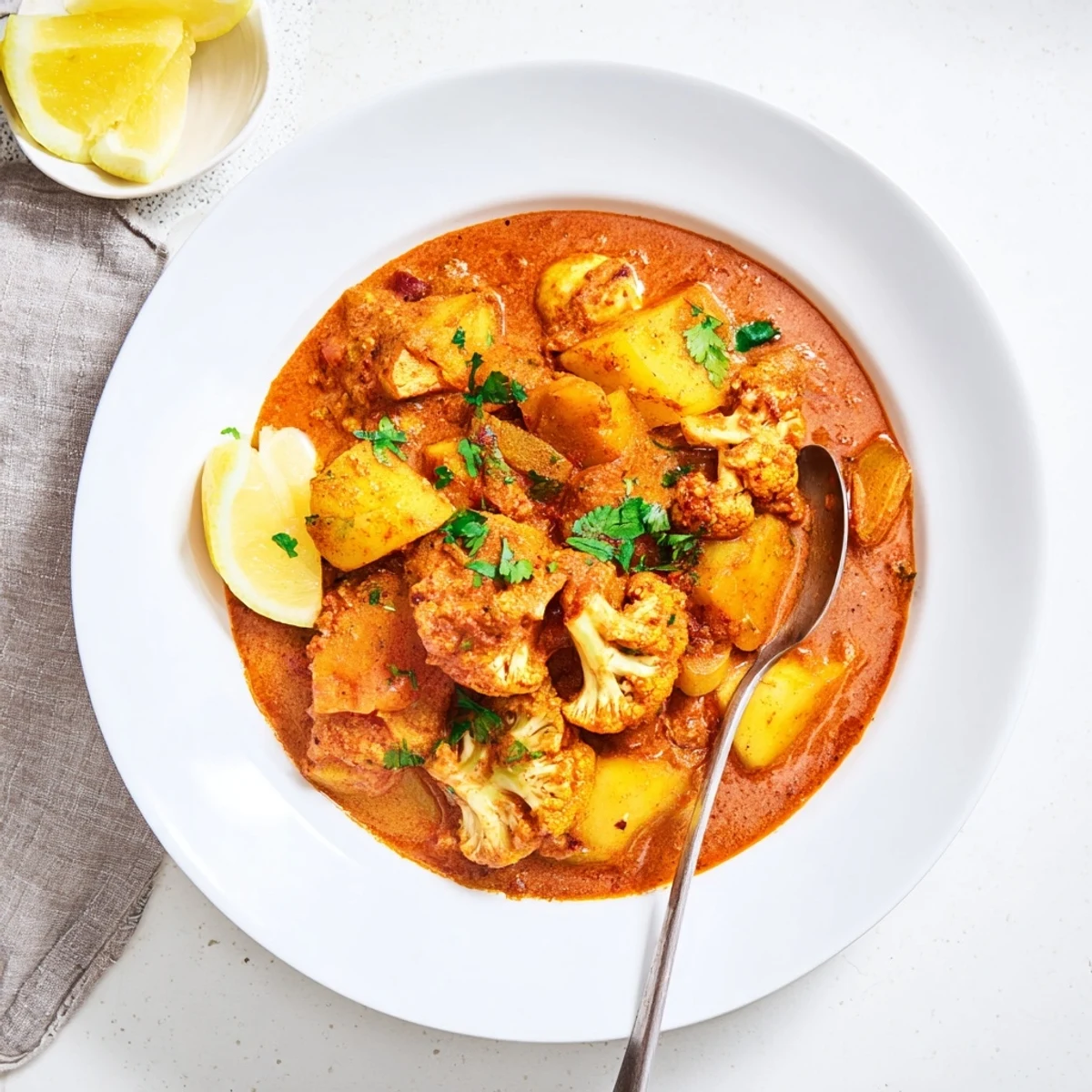 Steamed cauliflower florets and tender potatoes in buttery Indian sauce garnished with fresh cilantro and lemon wedges.