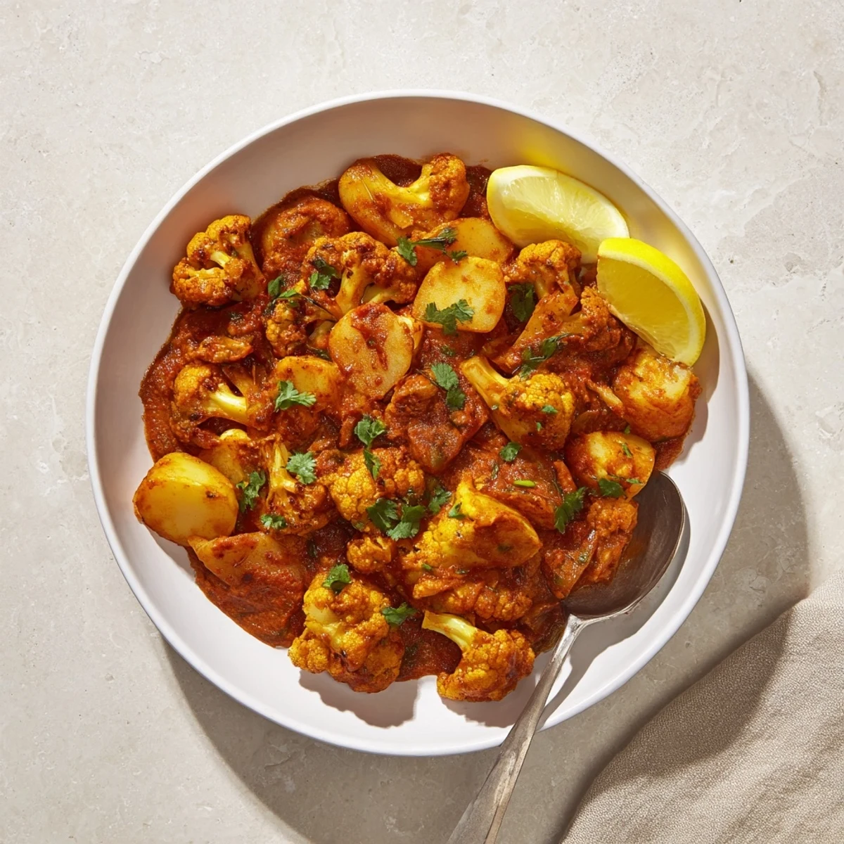 A close-up of Indian Butter Spiced Potatoes and Cauliflower, highlighting its rich, spicy aroma and comforting texture.