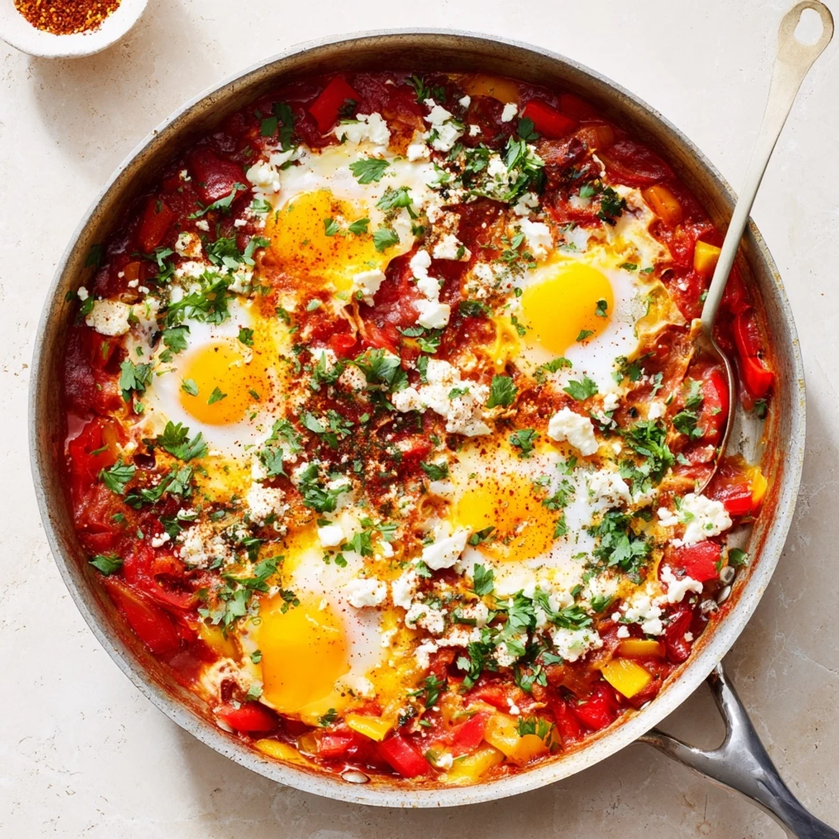 A close-up of Quick Shakshuka Eggs in a cast-iron skillet, with runny yolks nestled in a vibrant red tomato and pepper sauce.