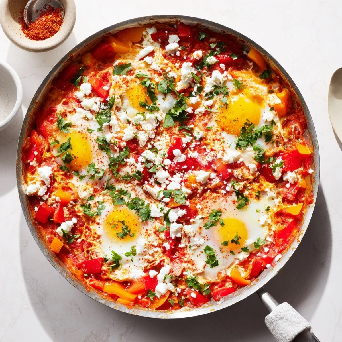 A rustic wooden table displays Quick Shakshuka Eggs garnished with fresh parsley and crumbled feta, perfect for a hearty brunch.