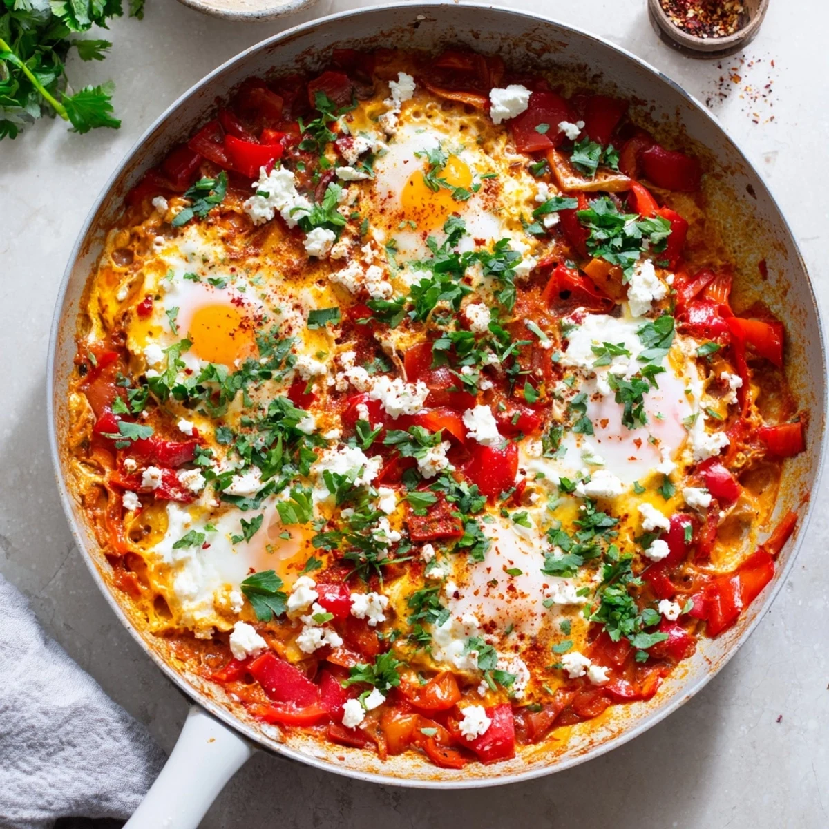 Close-up of Quick Shakshuka Eggs showing poached eggs in a rich, spicy tomato sauce, served hot with crusty bread for dipping.