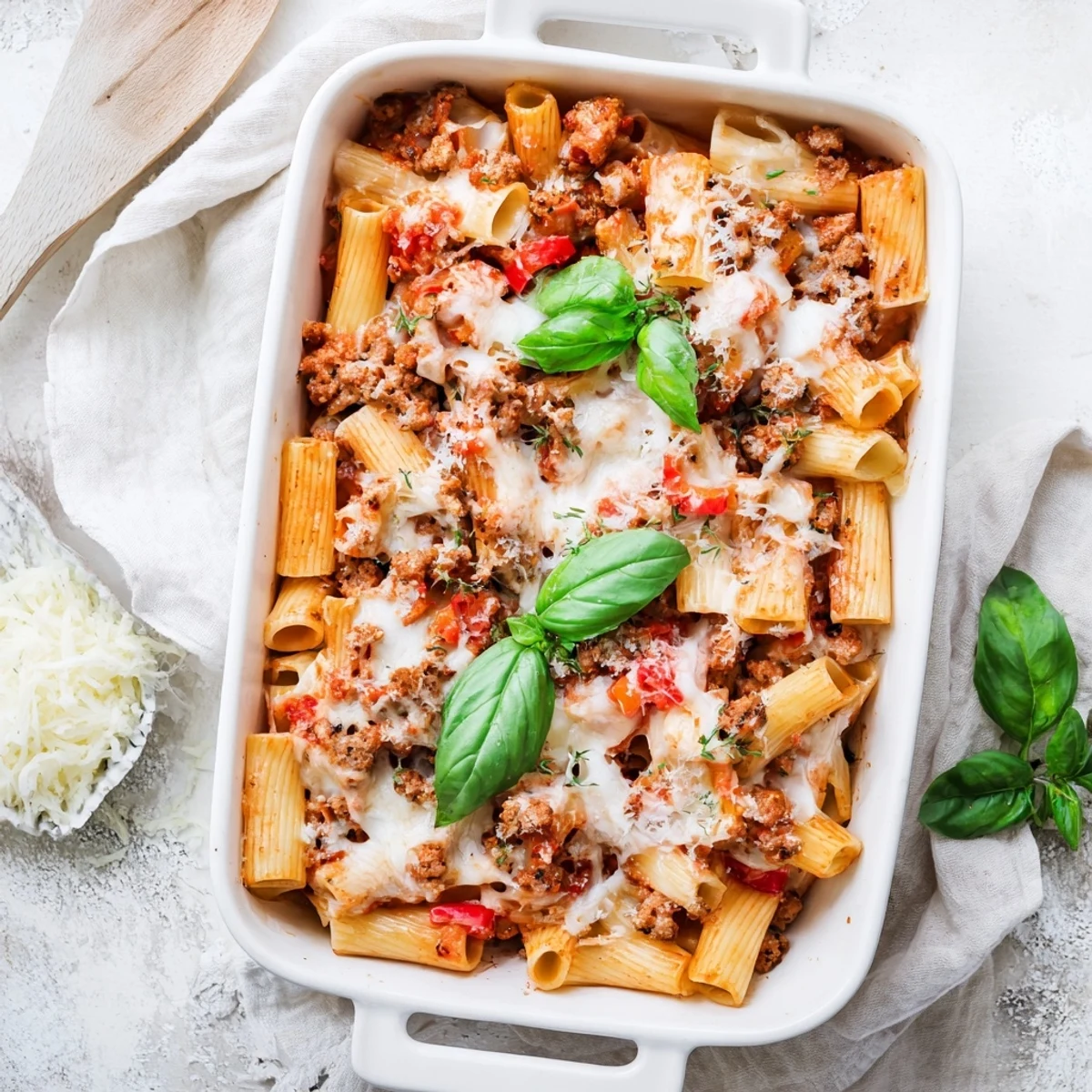 Steaming Quick Sausage Pasta Bake fresh from the oven with golden bubbly cheese topping.
