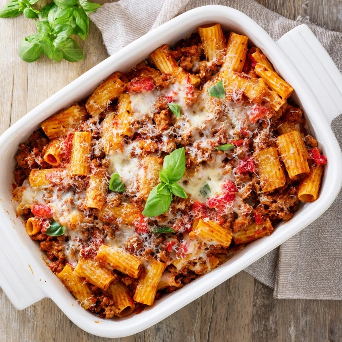 Cheesy Quick Sausage Pasta Bake with penne and sausage in rich tomato sauce.