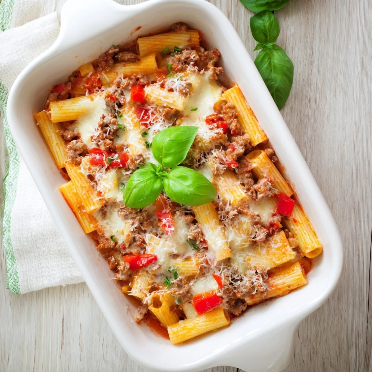 Hearty Quick Sausage Pasta Bake served in a dish with fresh basil garnish.