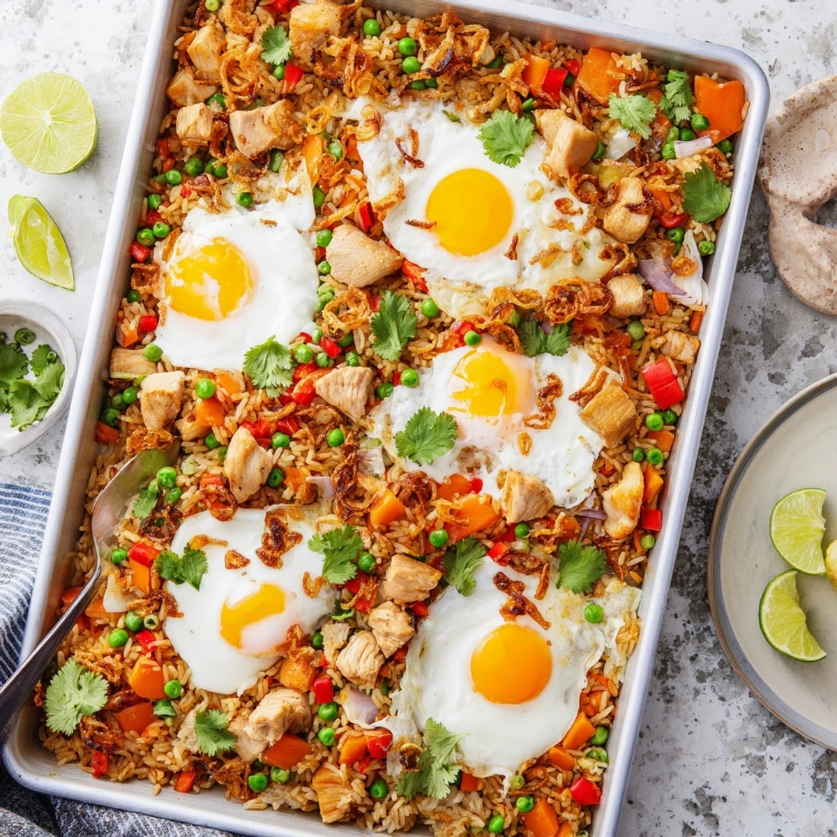 Golden-brown Nasi Goreng Tray Bake fresh from the oven, with fluffy rice, tender chicken, and colorful vegetables on a large serving platter.