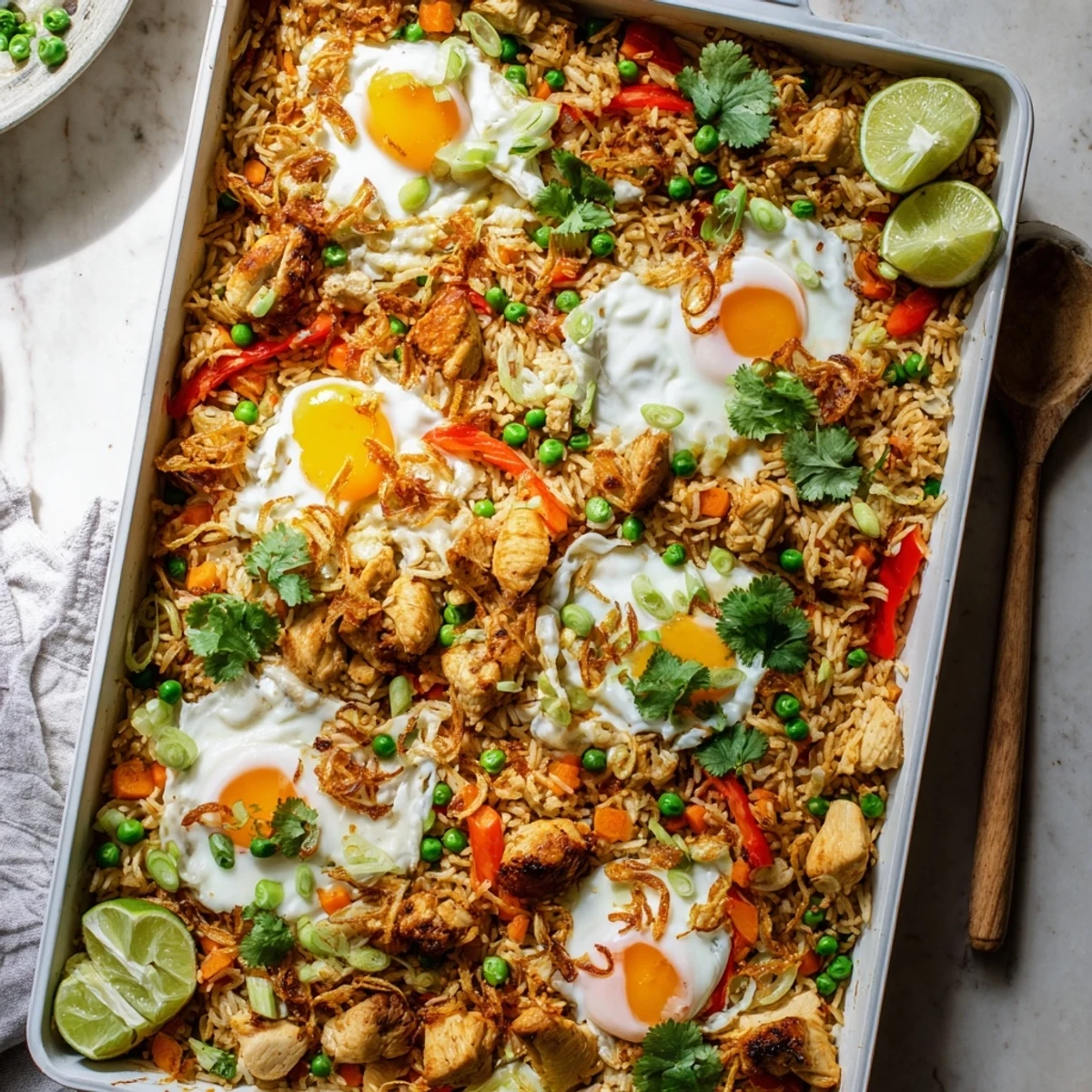 Savory Nasi Goreng Tray Bake served on plates, topped with a sunny-side-up egg, crispy shallots, and fresh cilantro for a vibrant finish.