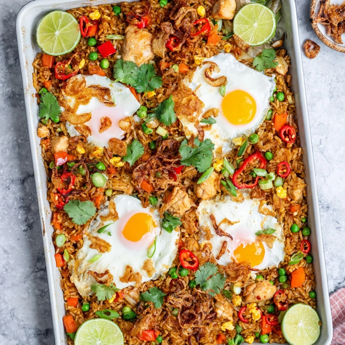 Delicious Nasi Goreng Tray Bake ready to eat, featuring steaming rice, succulent chicken pieces, and lime wedges for a bright, zesty garnish.