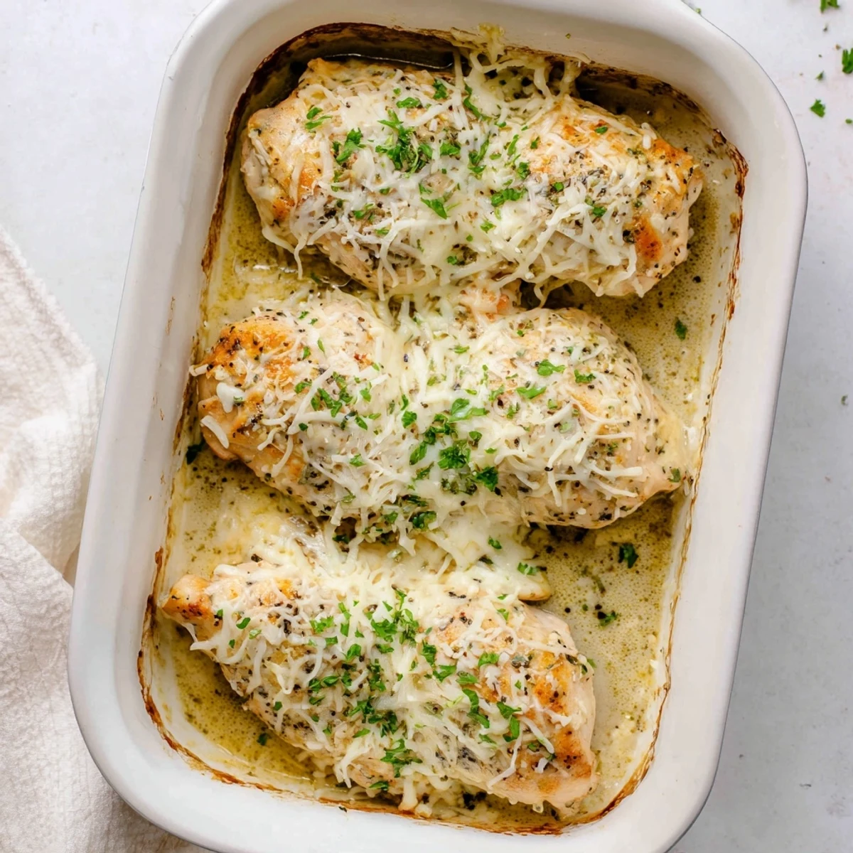 Golden-brown Creamy Parmesan Baked Caesar Chicken rests in a white baking dish, glistening with melted cheese.
