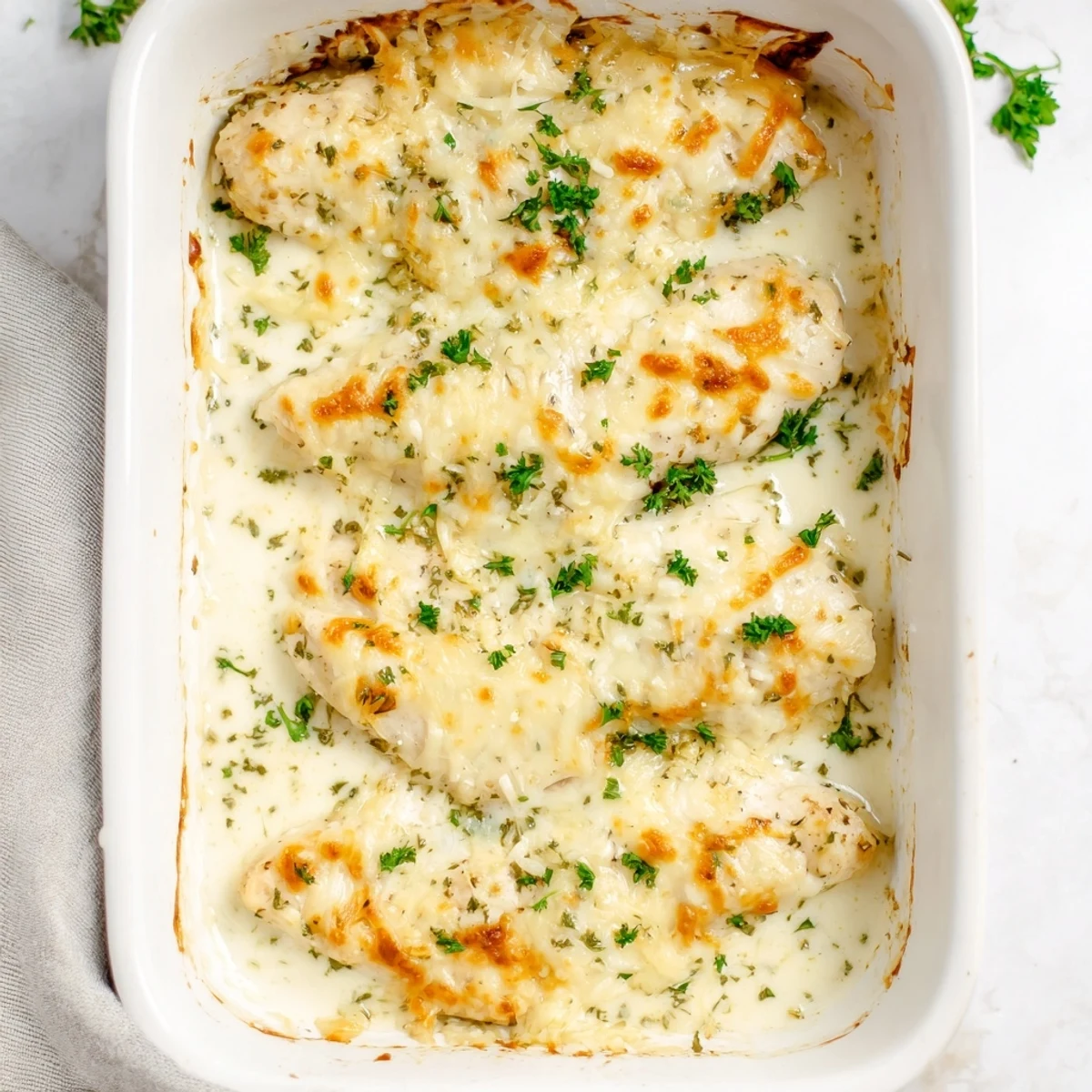 Sizzling Creamy Parmesan Baked Caesar Chicken comes fresh from the oven, featuring a bubbly, golden cheese crust.