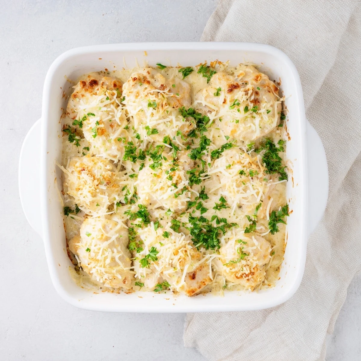 A spoon serves Creamy Parmesan Baked Caesar Chicken over a bed of fresh greens for dinner.