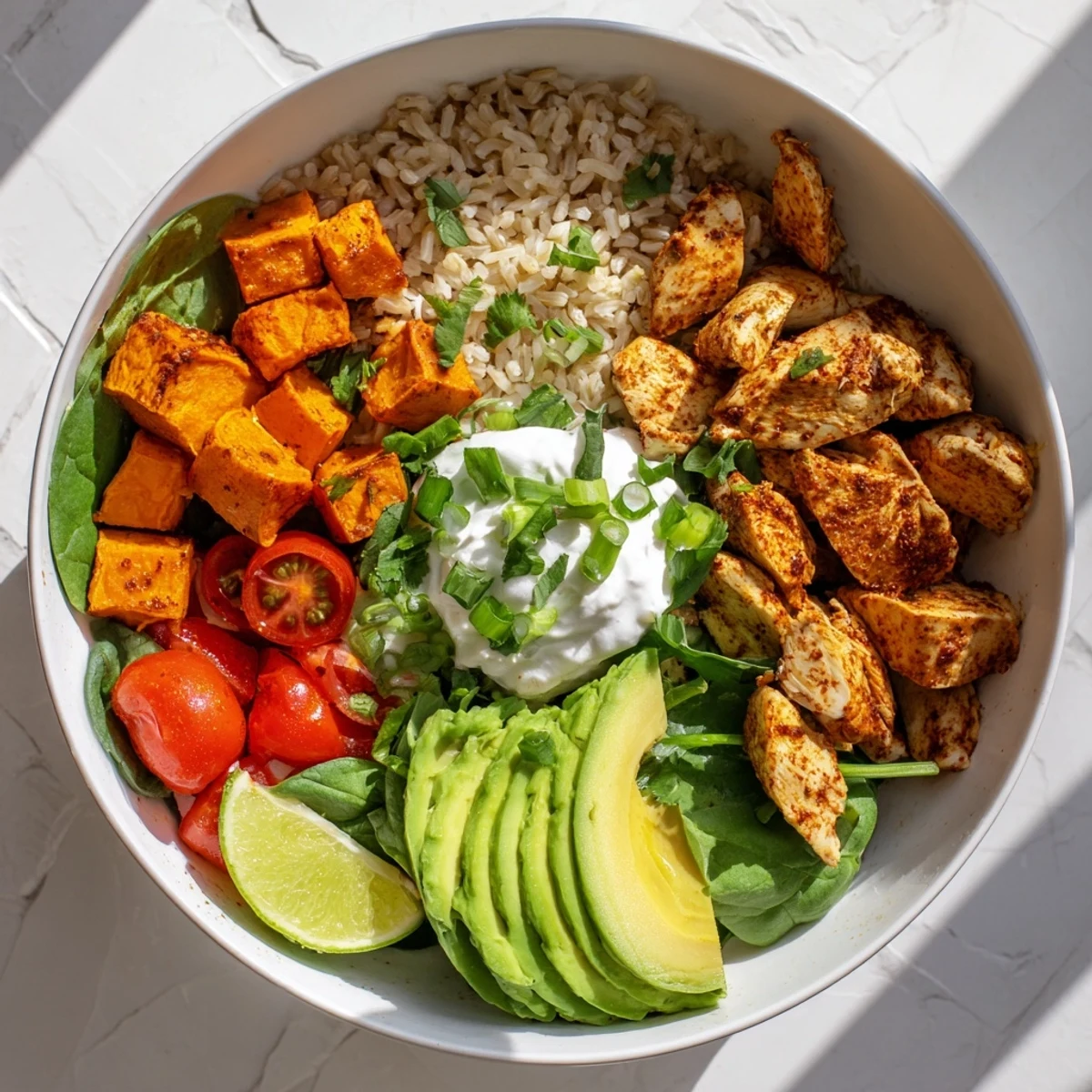 A close-up of Wholesome Chicken Sweet Potato Rice Bowl garnished with avocado and cilantro.