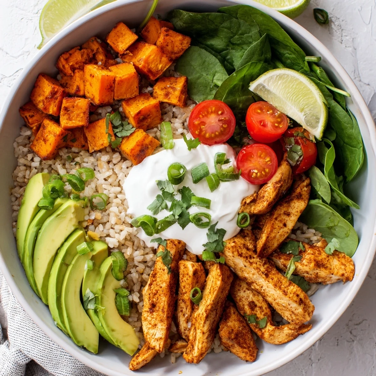 In a bowl of Wholesome Chicken Sweet Potato Rice Bowl, roasted sweet potatoes sit beside sliced chicken.