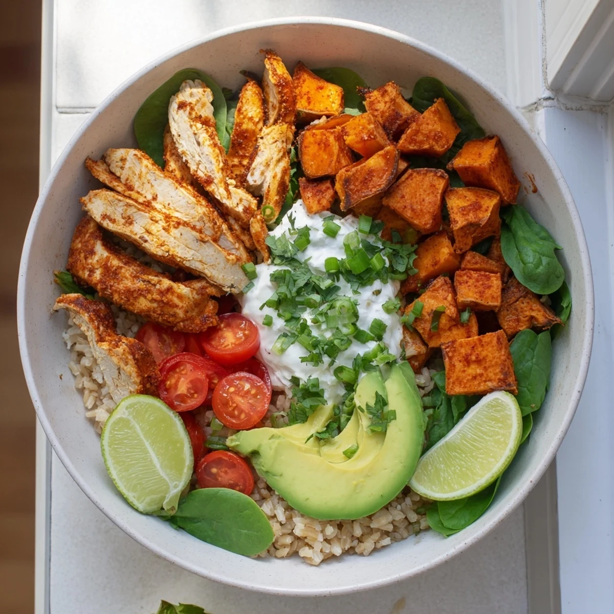 Serve Wholesome Chicken Sweet Potato Rice Bowl with lime wedges and a creamy Greek yogurt drizzle.