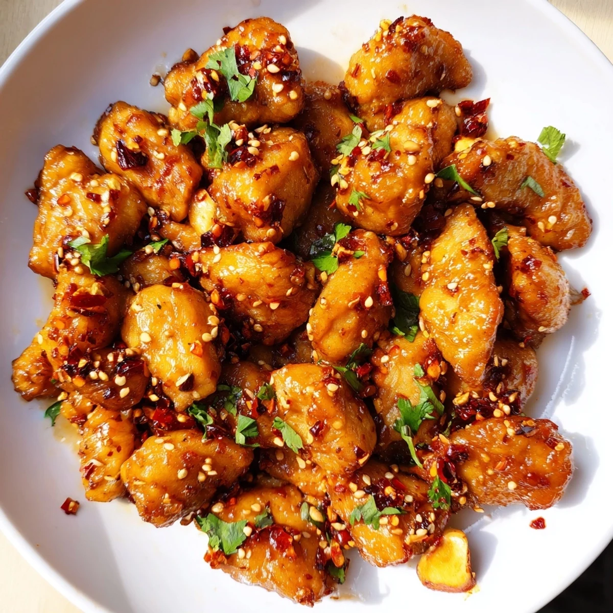 Juicy, golden pieces of Honey Butter Chicken glistening in a sweet and savory glaze, served over steamed rice for a comforting meal.