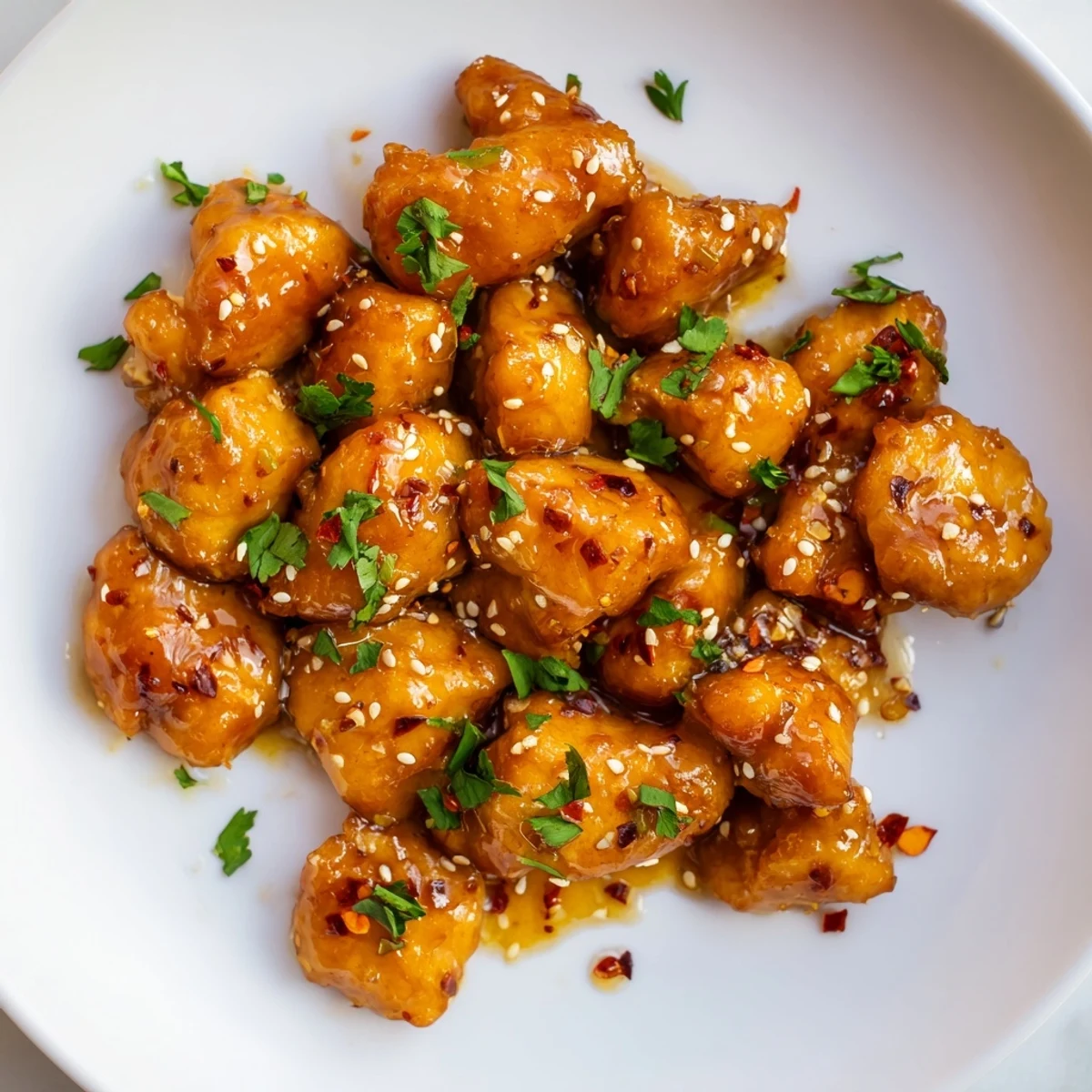 Tender chicken coated in Honey Butter Chicken sauce, topped with fresh parsley and sesame seeds, ready to be enjoyed with a crisp side salad.