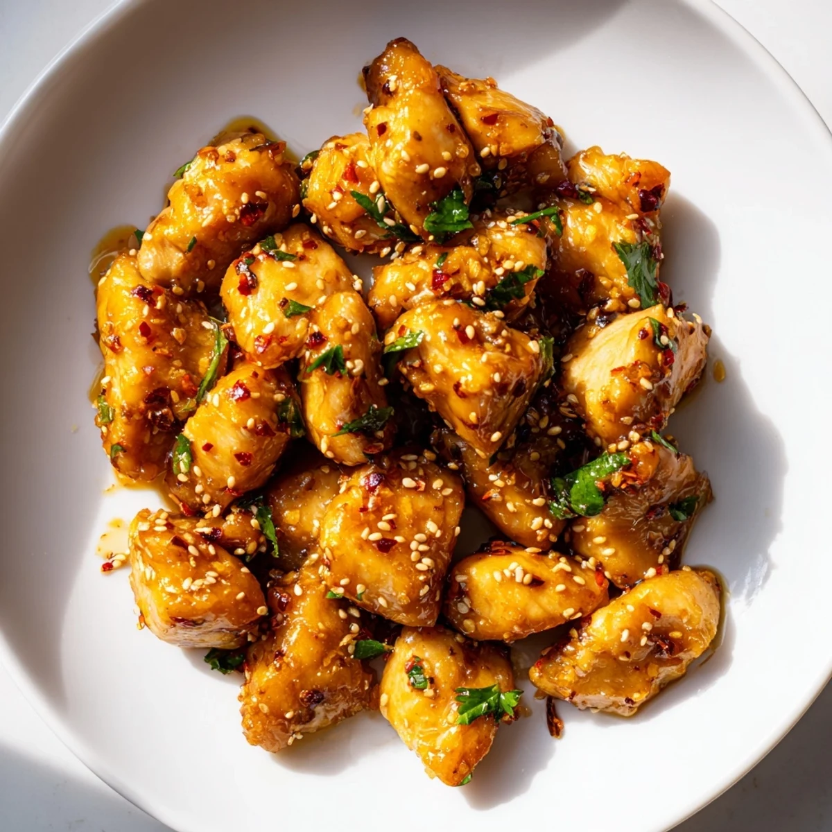 A close-up of Honey Butter Chicken in a skillet, showcasing the rich, buttery glaze and garnished with vibrant chives for a family-friendly dinner.