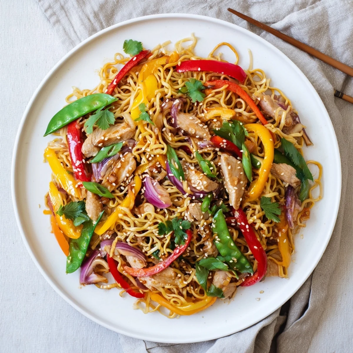 Steaming platter of Sweet Chilli Turkey Noodle Stir Fry, ready to serve for a quick weeknight dinner.