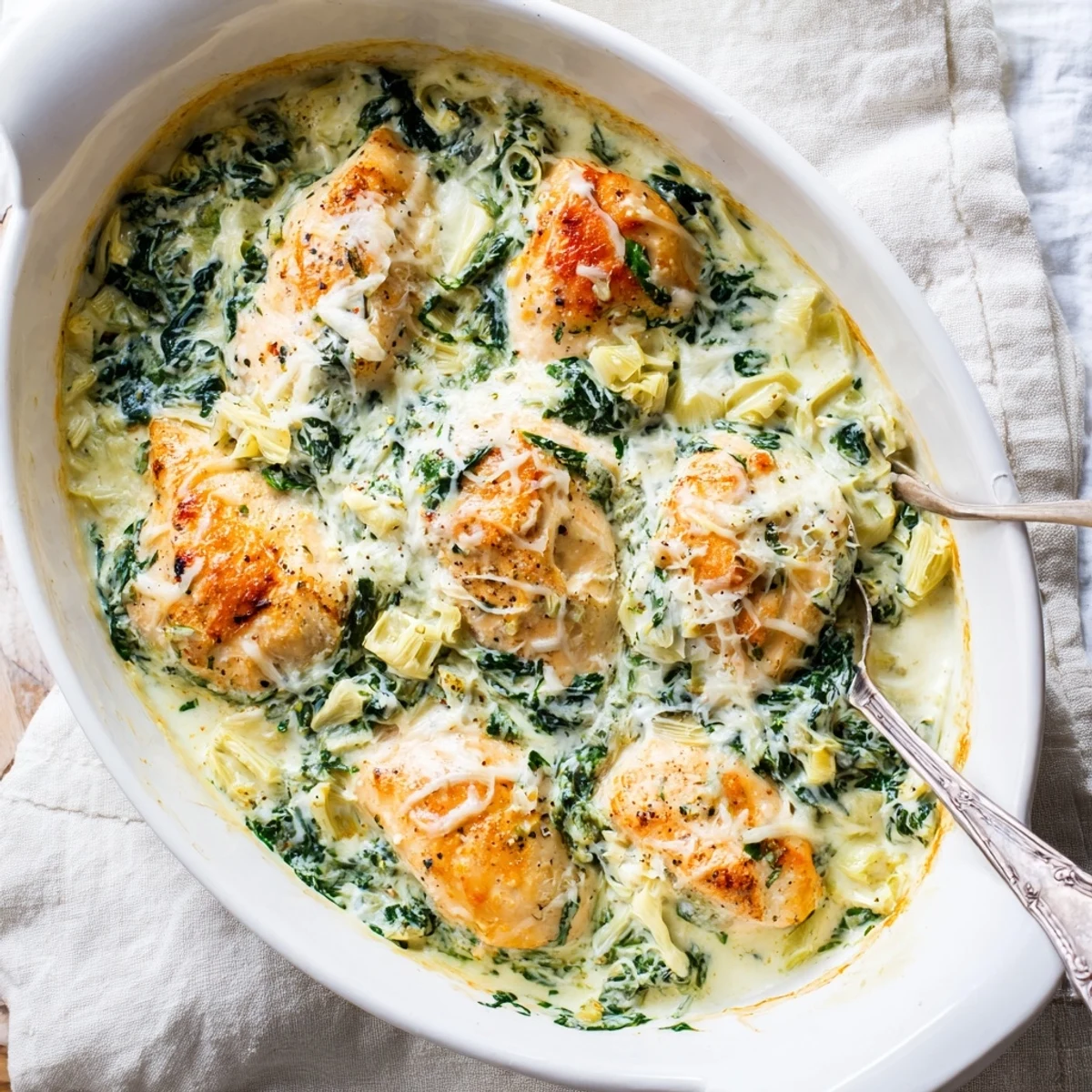 Tender chicken breasts baked with spinach and artichokes in a creamy cottage cheese sauce, bubbling in a skillet.