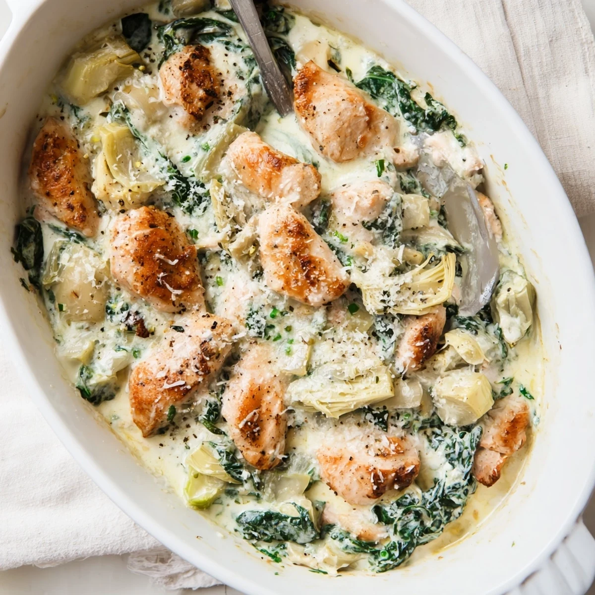 A close-up of golden, bubbling Spinach Artichoke Chicken with Cottage Cheese, garnished with fresh herbs on a rustic plate.