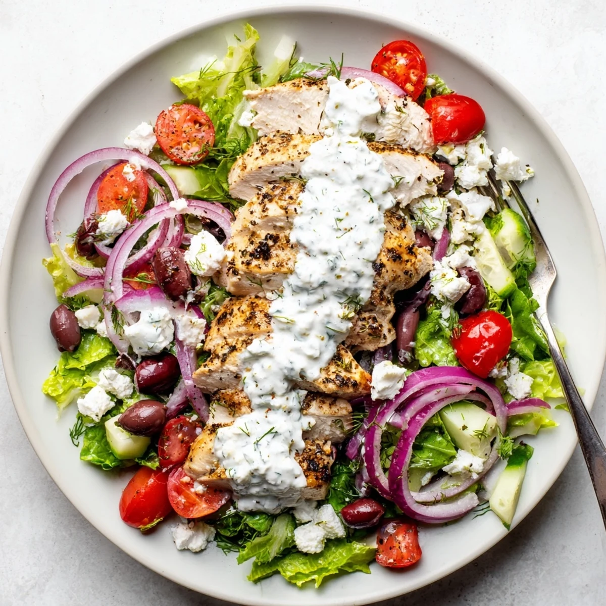 Plated Tzatziki Chicken Salad topped with crumbled feta and fresh dill, served alongside warm pita bread.