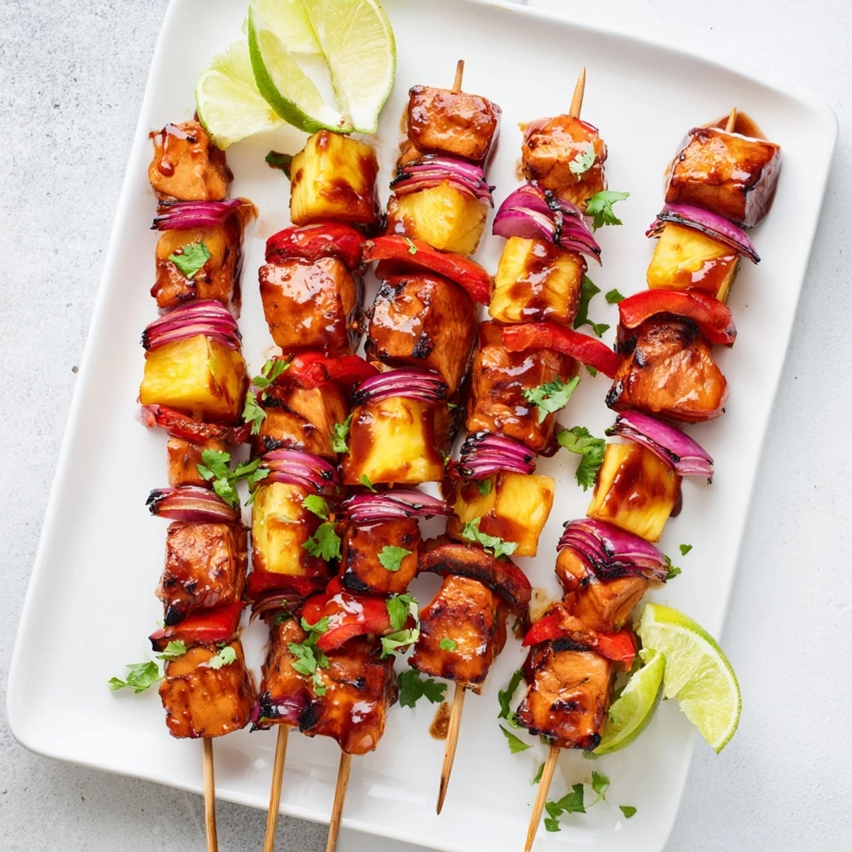 Charred Chicken and Pineapple BBQ Skewers glisten with sticky glaze, featuring vibrant red bell peppers and onions on a summer grill.