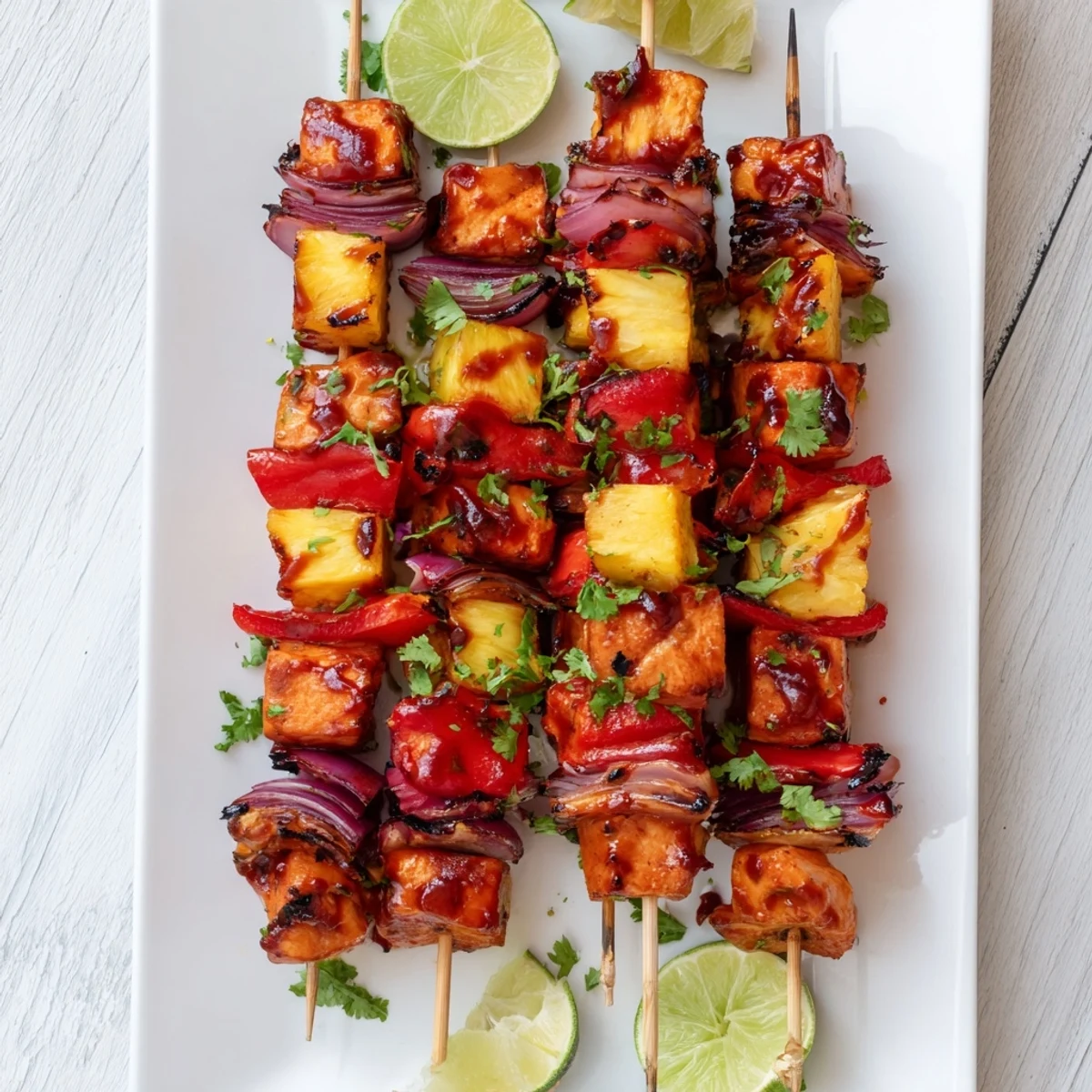 Juicy grilled Chicken and Pineapple BBQ Skewers are served on a platter with lime wedges and fresh cilantro garnish.