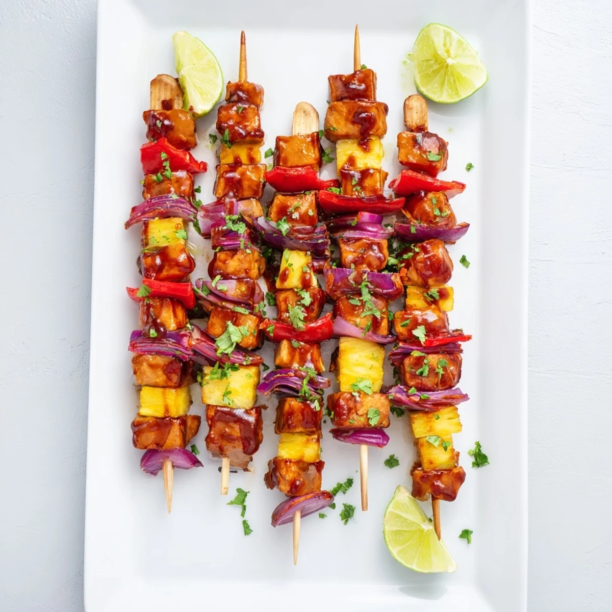 Smoky Chicken and Pineapple BBQ Skewers feature golden pineapple chunks and tender meat, ready for a backyard barbecue feast.