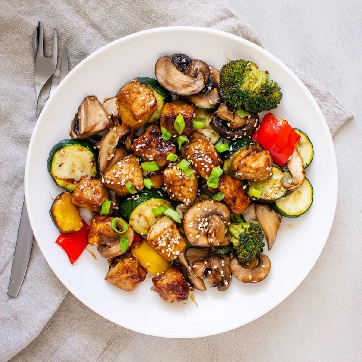 Steaming platter of Perfect Easy Air Fryer Hibachi Chicken & Vegetables with crisp broccoli and tender peppers.