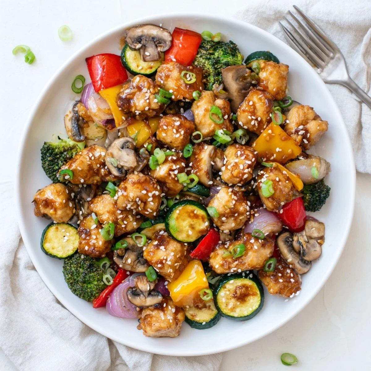 Golden chicken and colorful veggies in Perfect Easy Air Fryer Hibachi Chicken & Vegetables recipe dinner.