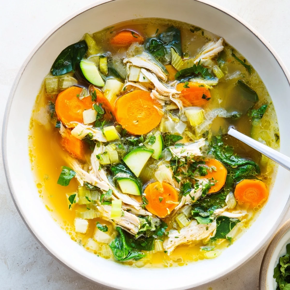 The Best Healing Chicken Soup simmering in a pot with fresh herbs and bright lemon juice.