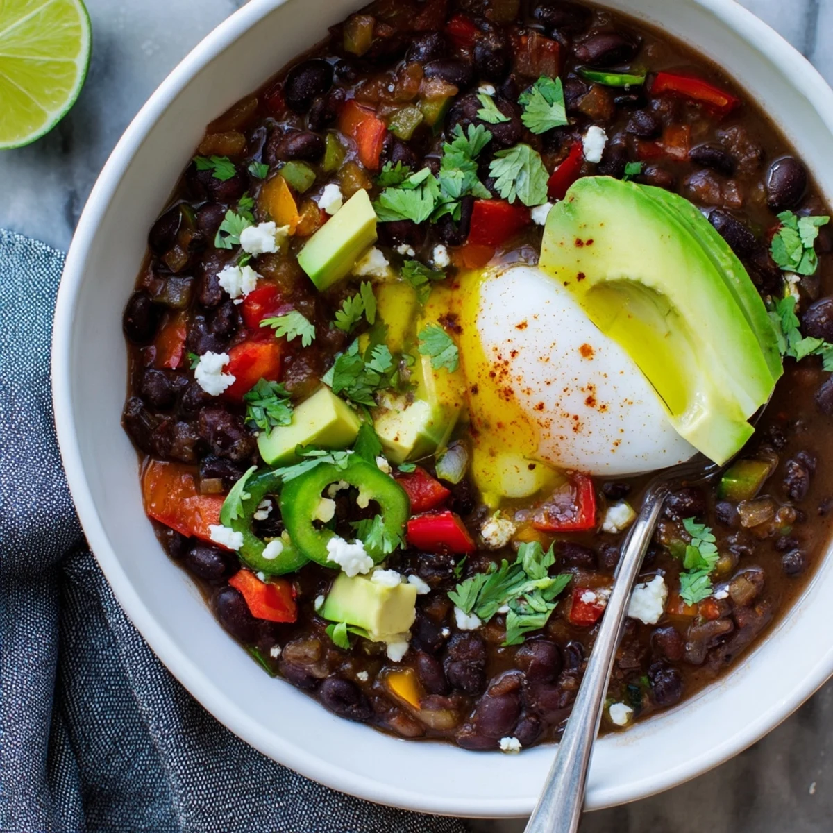 A close-up of Mexican Braised Beans with a sliced soft-boiled egg, topped with crumbled queso fresco and jalapeños.