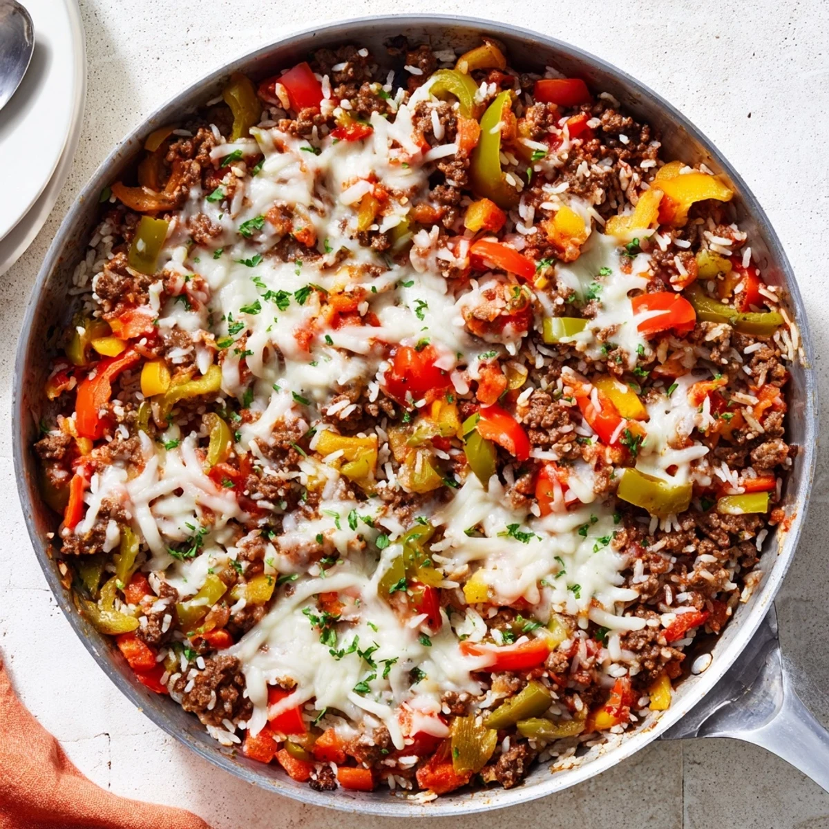 A close-up of Unstuffed Pepper Skillet shows melted mozzarella and chopped parsley on top.  