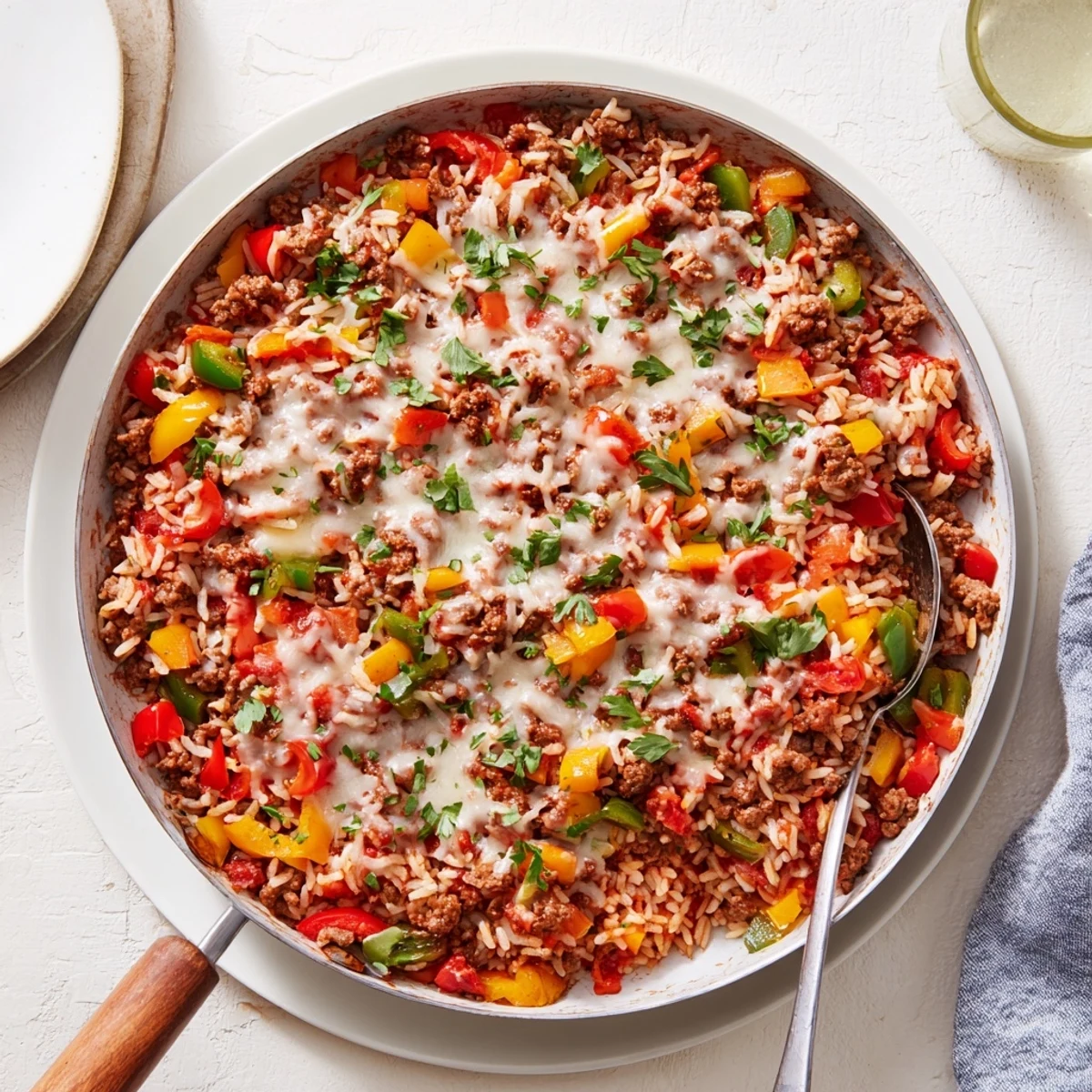 In a skillet, the Unstuffed Pepper Skillet features ground beef and diced peppers.  
