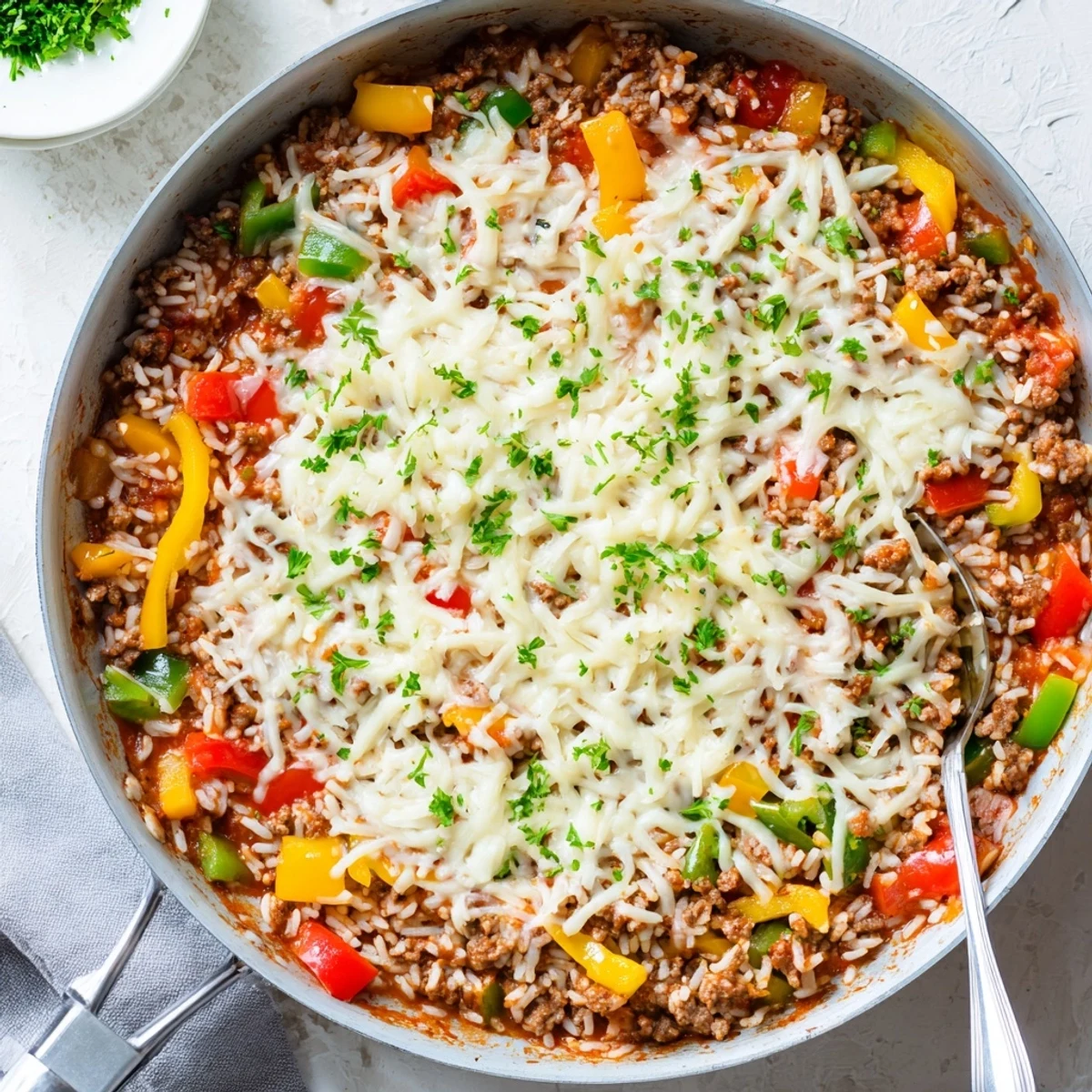 A warm bowl of Unstuffed Pepper Skillet sits ready for dinner, garnished with parsley.