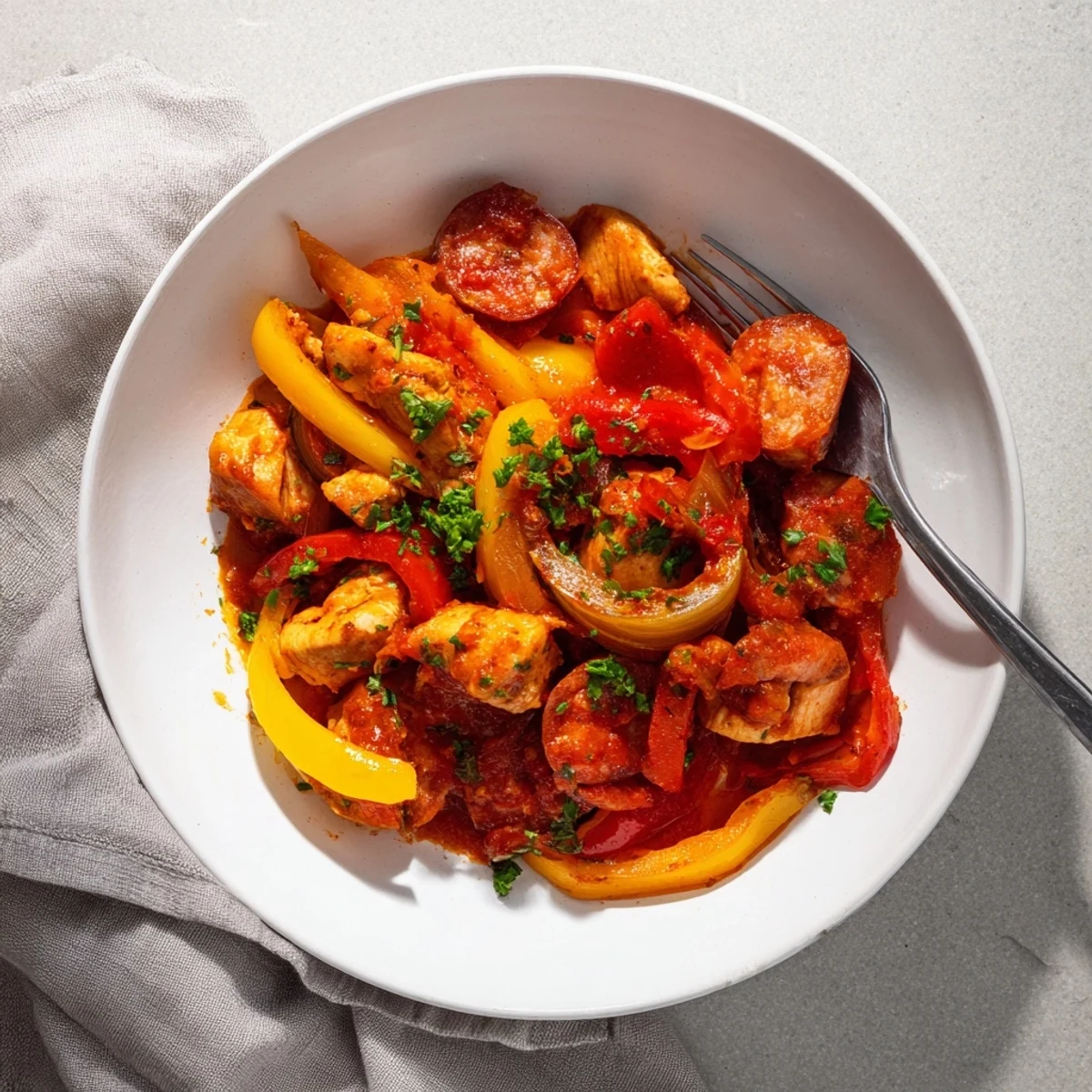 A close-up of the Capsicum, Tomato, and Chicken with Chorizo recipe, featuring tender chicken thighs and smoky chorizo slices in a rich red tomato sauce. 