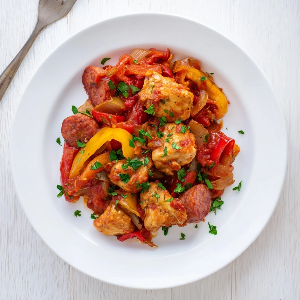 Savory Capsicum, Tomato, and Chicken with Chorizo simmering in a pan, showcasing bright bell peppers and fresh parsley garnish for a comforting dinner. 