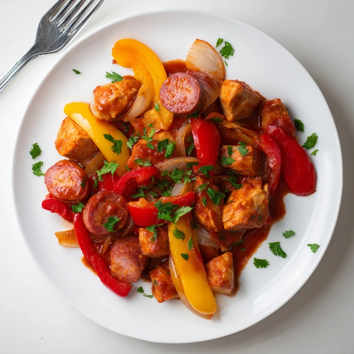 Hearty Mediterranean Capsicum, Tomato, and Chicken with Chorizo dish served in a skillet, with vibrant yellow and red peppers and juicy chicken pieces.