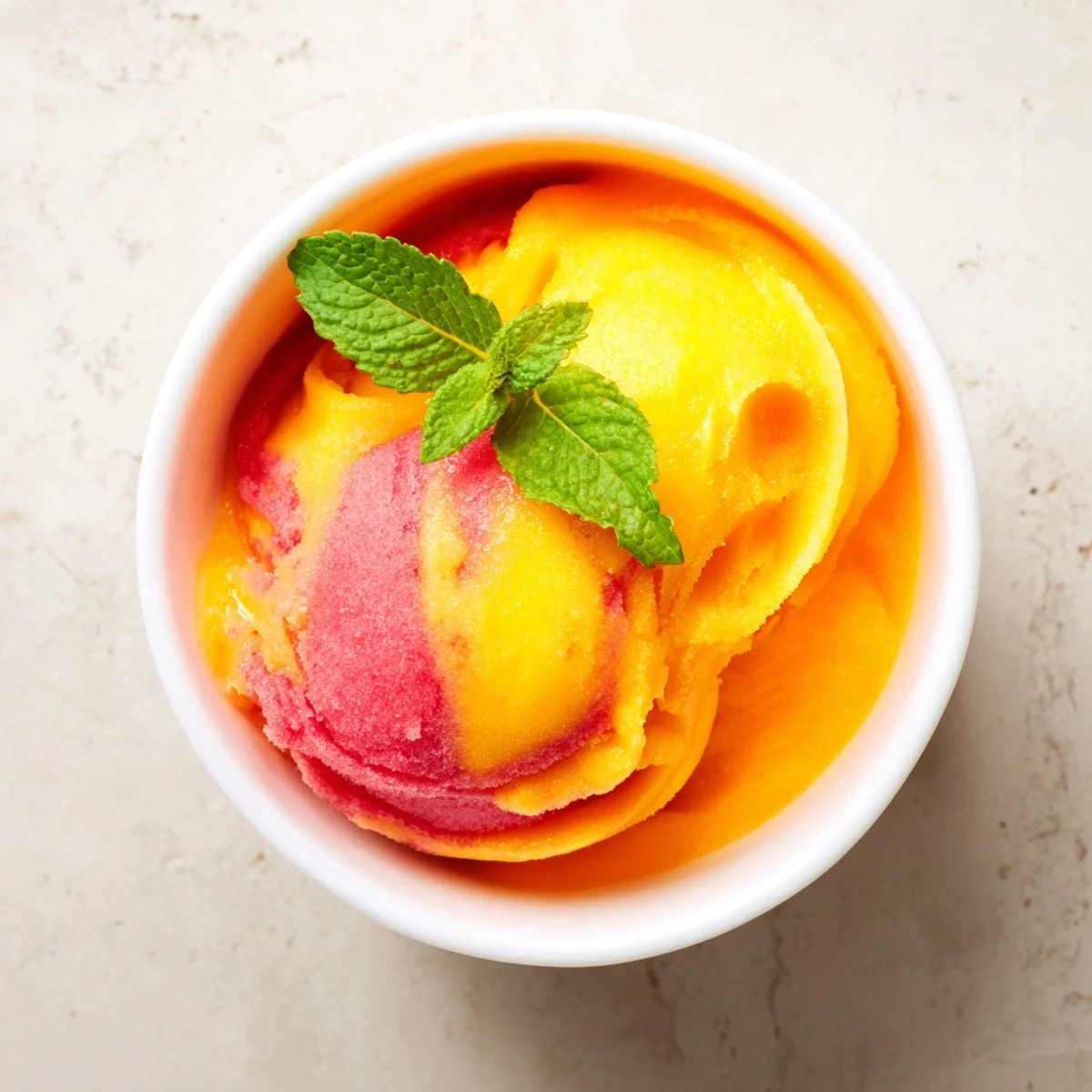 Bright pink mango strawberry sorbet scooped into a glass bowl topped with fresh mint sprigs
