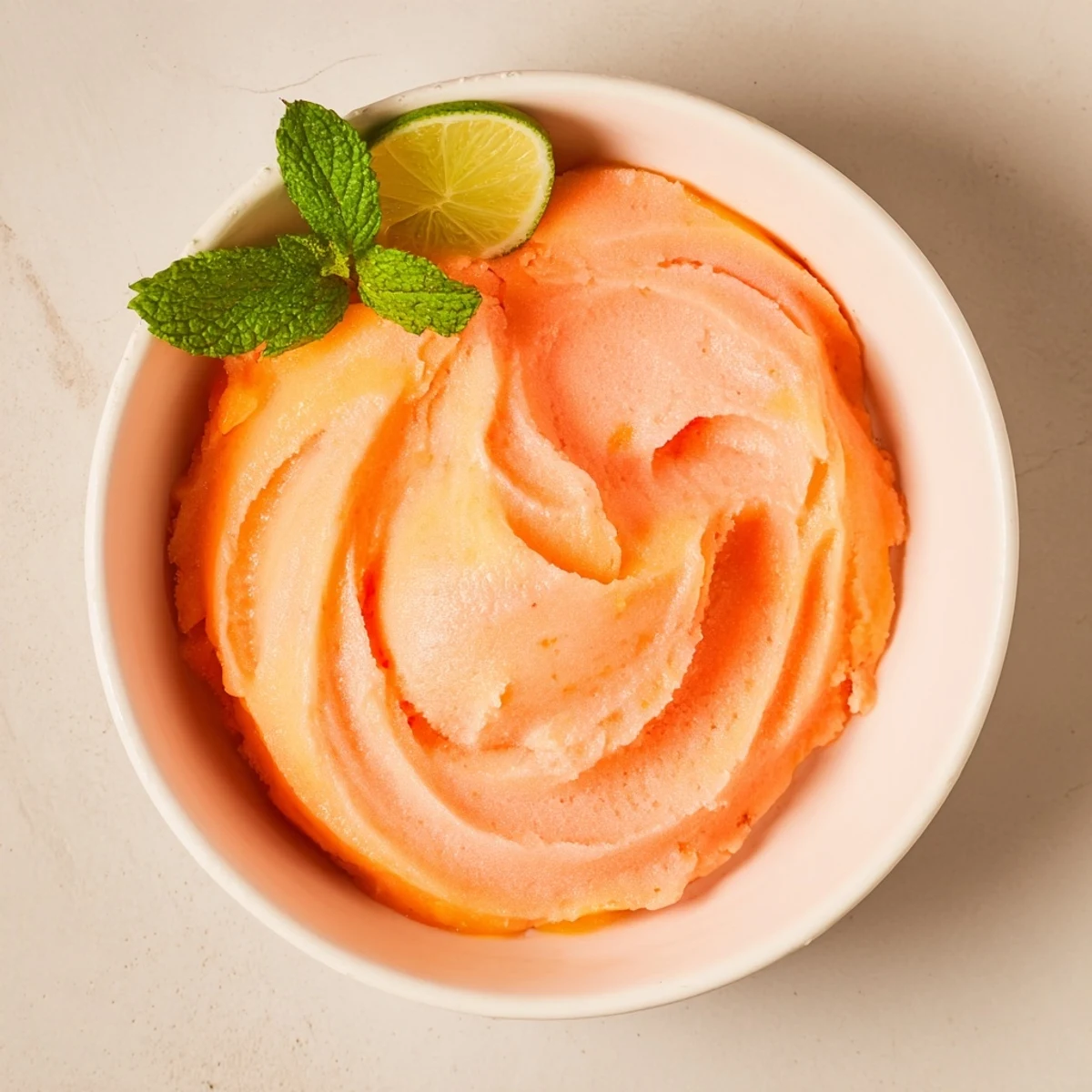 Creamy vegan mango strawberry sorbet melting slightly in a chilled white dessert bowl