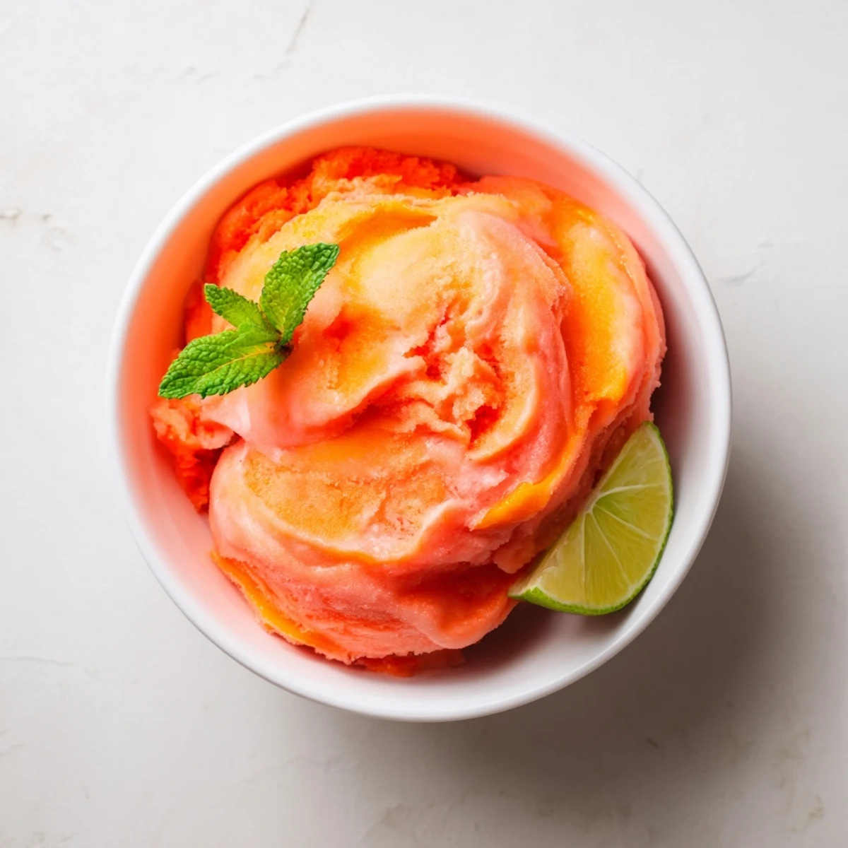 Tropical mango strawberry sorbet garnished with fresh strawberry slices on a wooden serving board