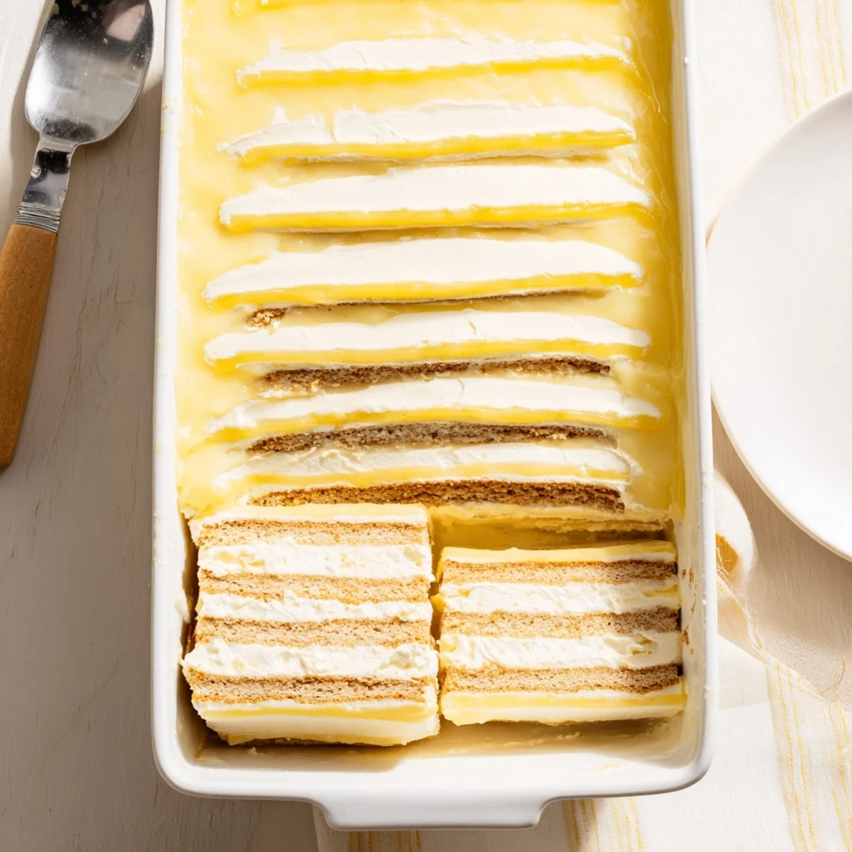 Golden no bake lemon eclair cake topped with zesty glaze on a white serving plate