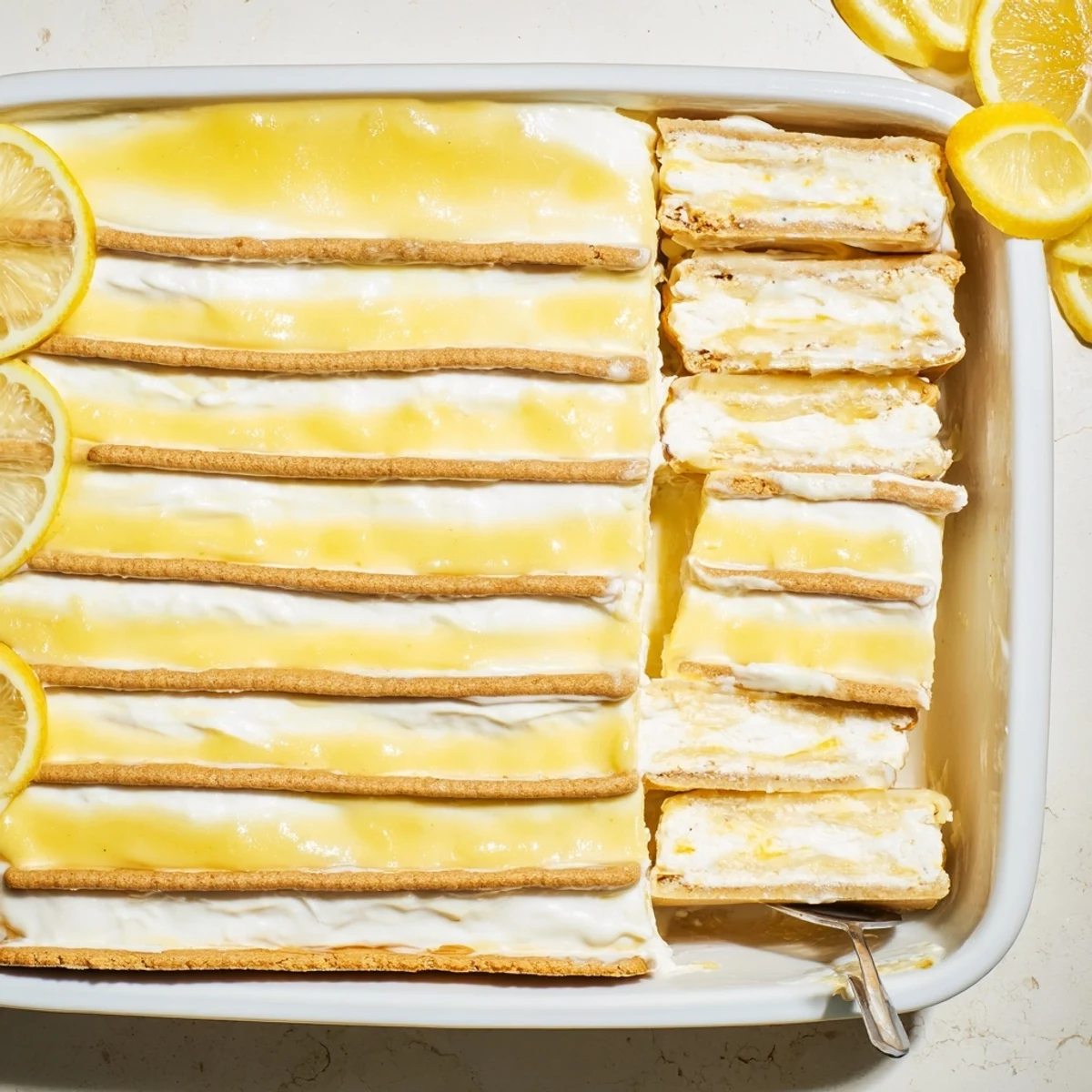 Creamy lemon eclair cake slice revealing graham cracker layers and bright yellow lemon filling