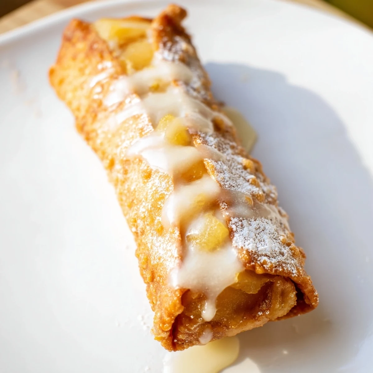 Handheld peach cobbler egg rolls featuring spiced fruit filling inside golden crunch